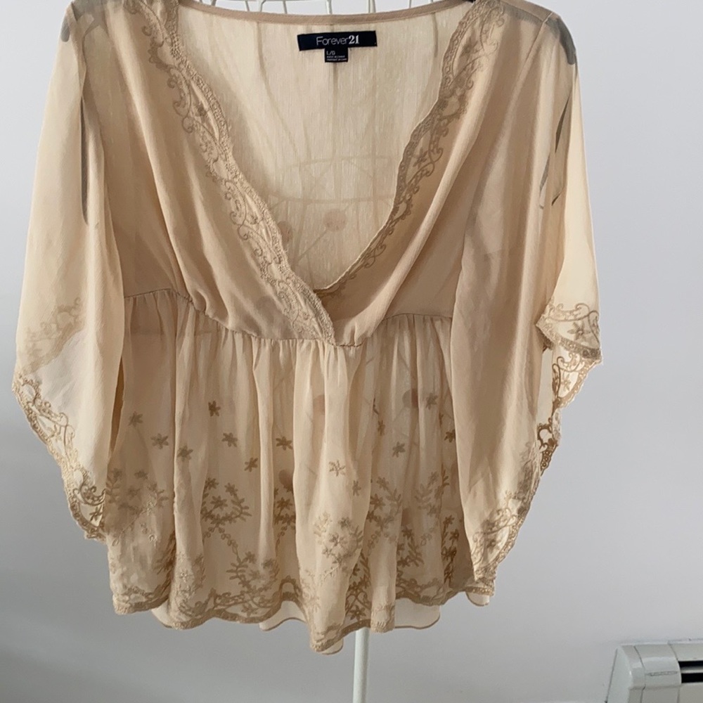 FOREVER 21 Embroidered Flutter Sleeve Top - Size Large